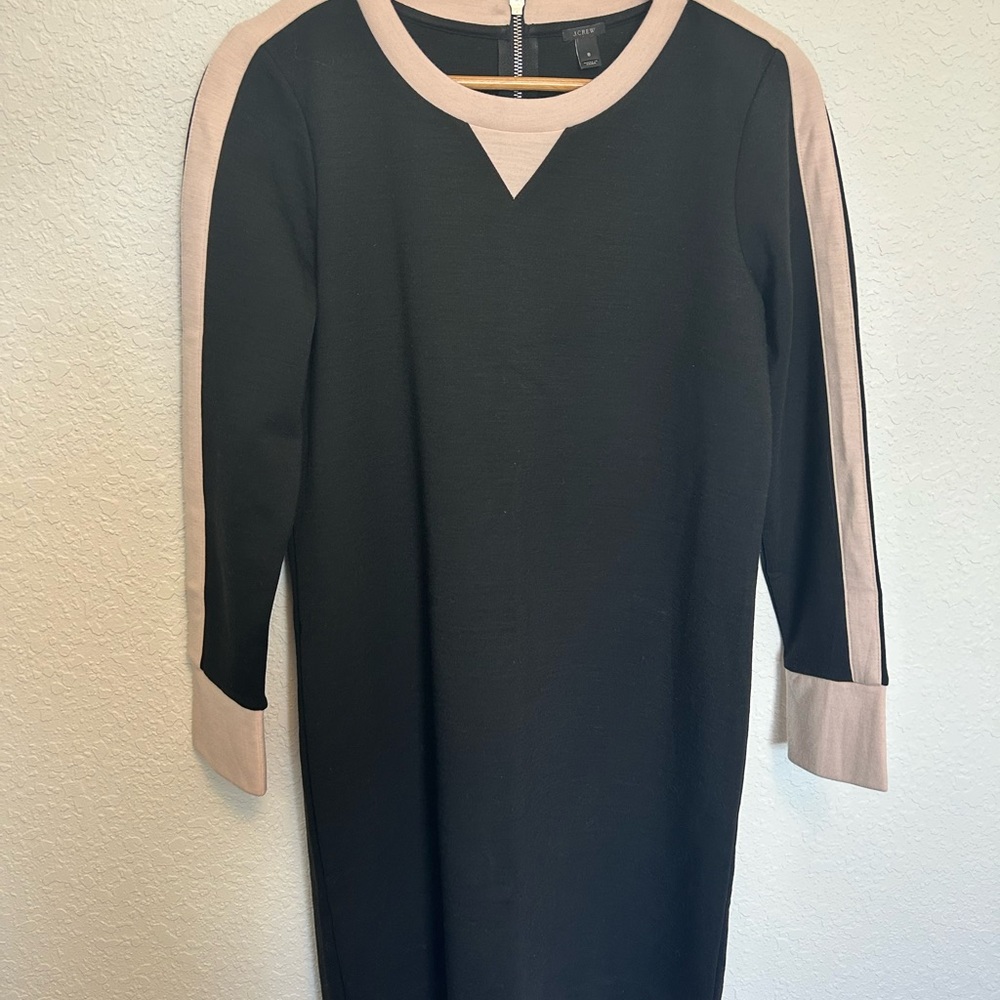 J. Crew Black and Light Blush Contrast-Trim Long Sleeve Wool Mix Dress